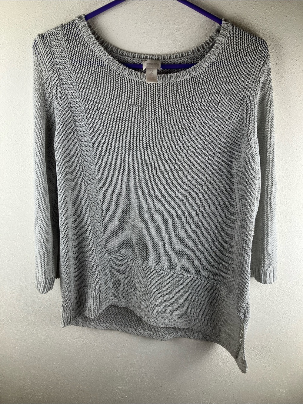 Chico's Silver Open Knit Asymmetrical Hem Sweater Size 2 (US L 12/14) 3/4 Sleeve